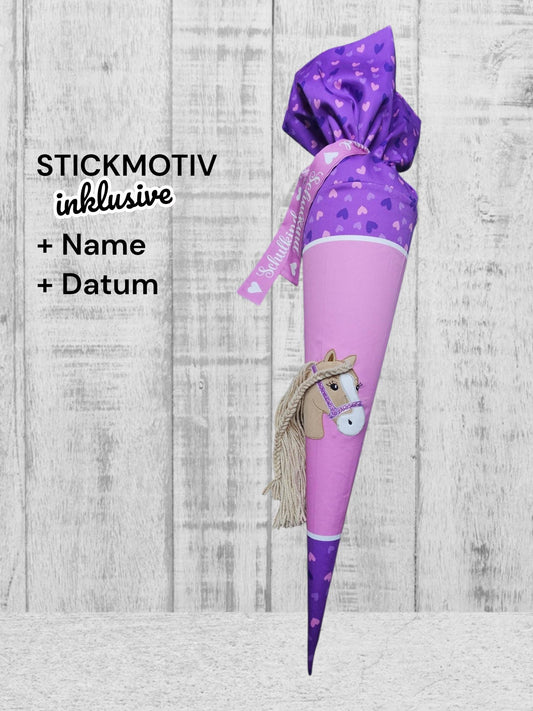 Schultüte mit Stickmotiv - 70cm oder 85 cm - Pferd mit Mähne auf Ponyliebe - personalisiert