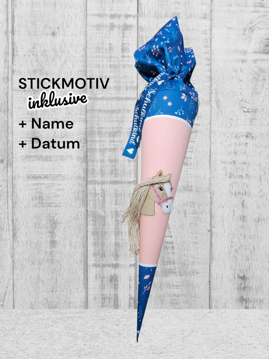 Schultüte mit Stickmotiv - 70cm oder 85 cm - Pferd mit Mähne auf Wilde Blumen Altrosa - personalisiert