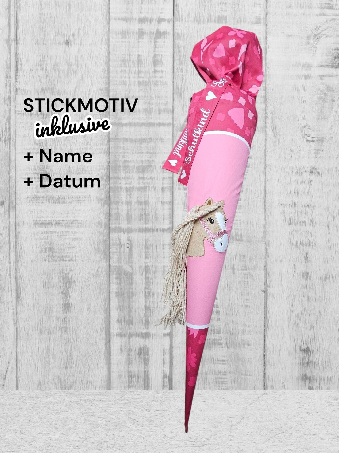 Schultüte mit Stickmotiv - 70cm oder 85 cm - Pferd mit Mähne auf Beerenblumen - personalisiert