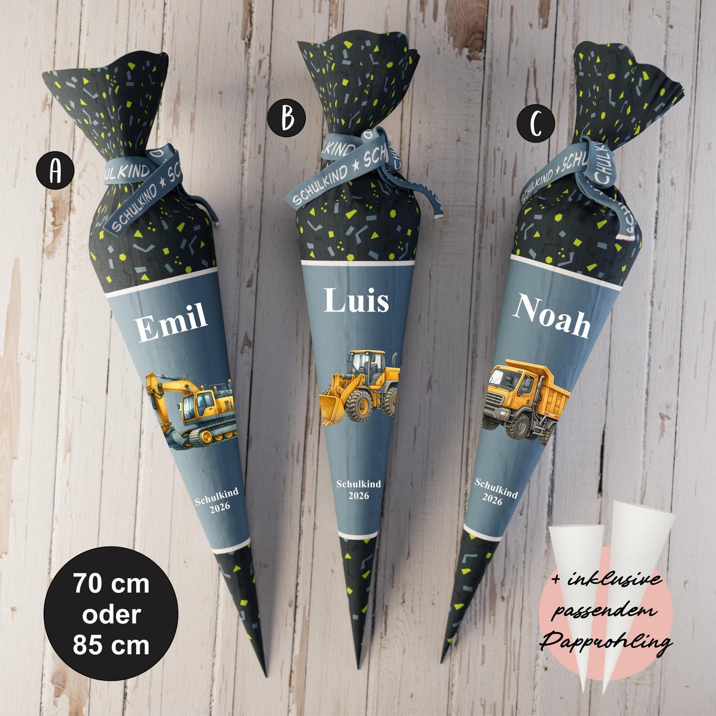 Schultüte: Bagger, Radlader - DIY Näh-Set 70 cm oder 85 cm - selber nähen oder fix&fertig genäht - Baustellenabenteuer inkl. Papprohling