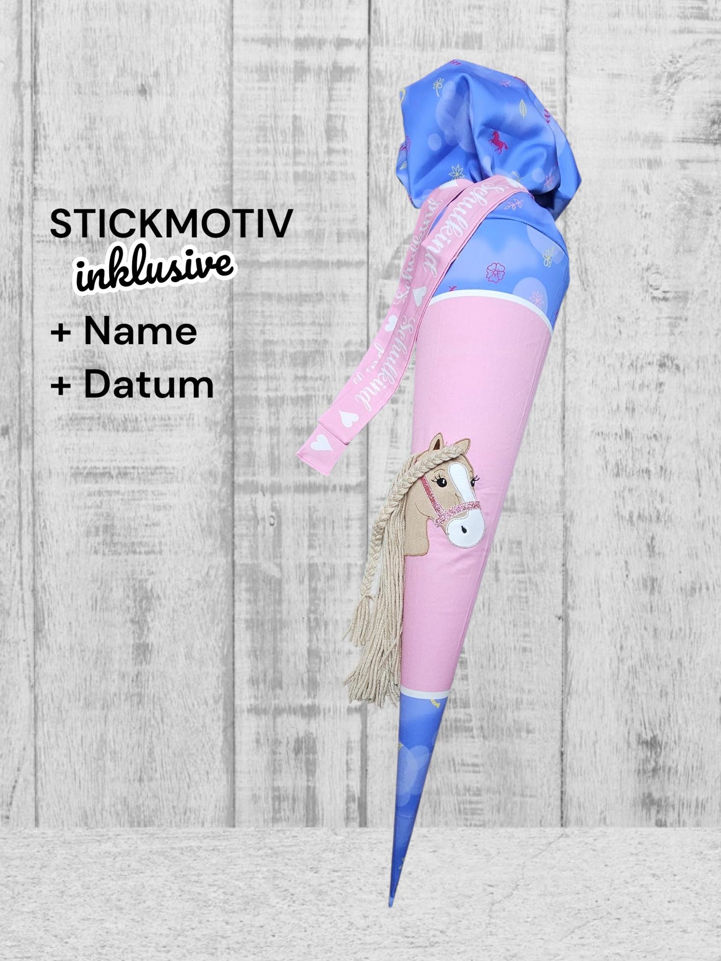 Schultüte mit Stickmotiv - 70cm oder 85 cm - Pferd mit Mähne auf Hufeisen Glück - personalisiert