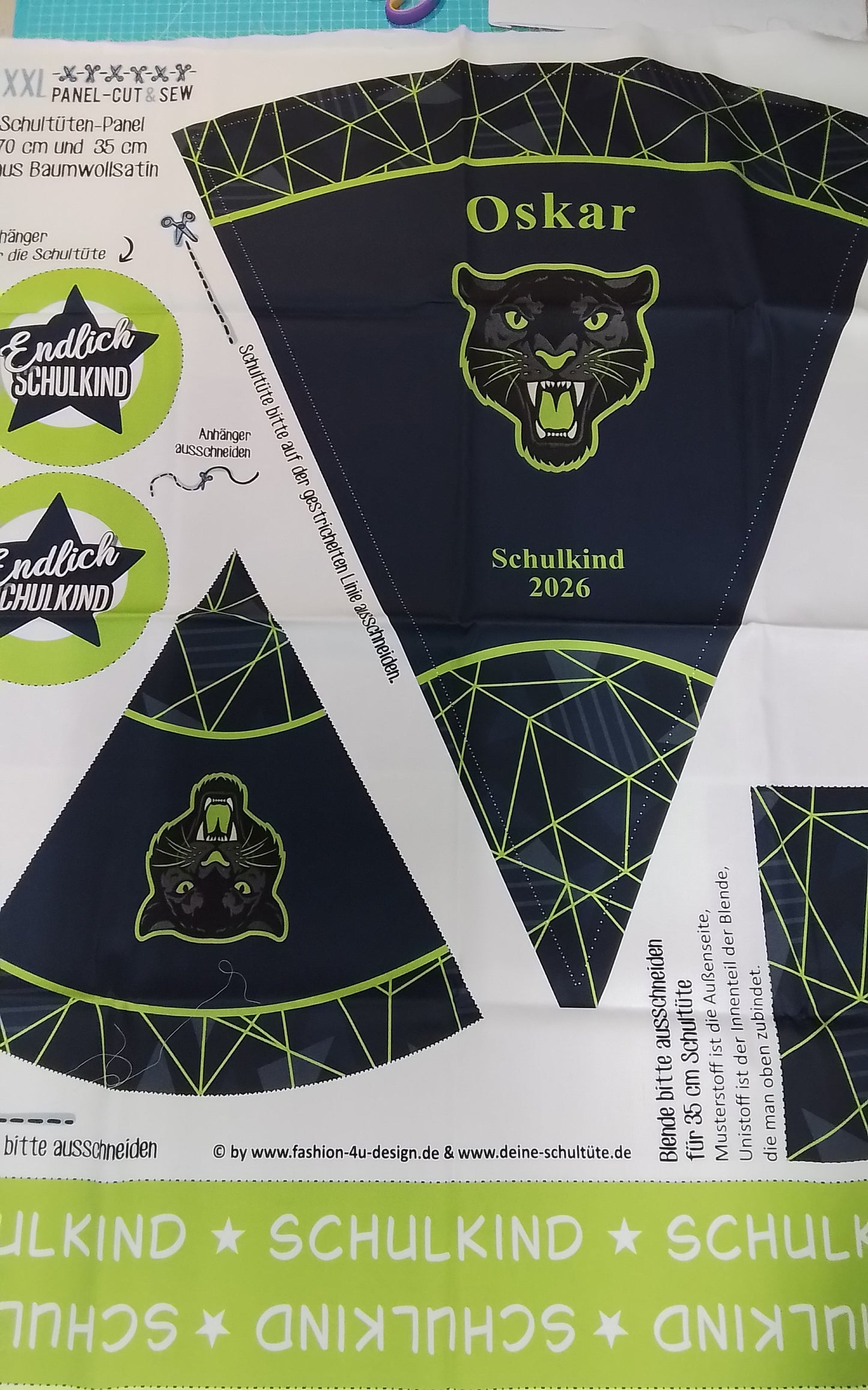 Sofortkauf: Schultüten Nähset - Muster+Oskar+Schulkind 2020 - Geschwistertüte-" Panther brüllend im Gras auf Dark with Stripes -Baumwoll-Panel zum selber nähen- 70 cm und 35 cm.Wie abgebildet!!!