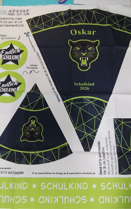 Sofortkauf: Schultüten Nähset - Muster+Oskar+Schulkind 2020 - Geschwistertüte-" Panther brüllend im Gras auf Dark with Stripes -Baumwoll-Panel zum selber nähen- 70 cm und 35 cm.Wie abgebildet!!!