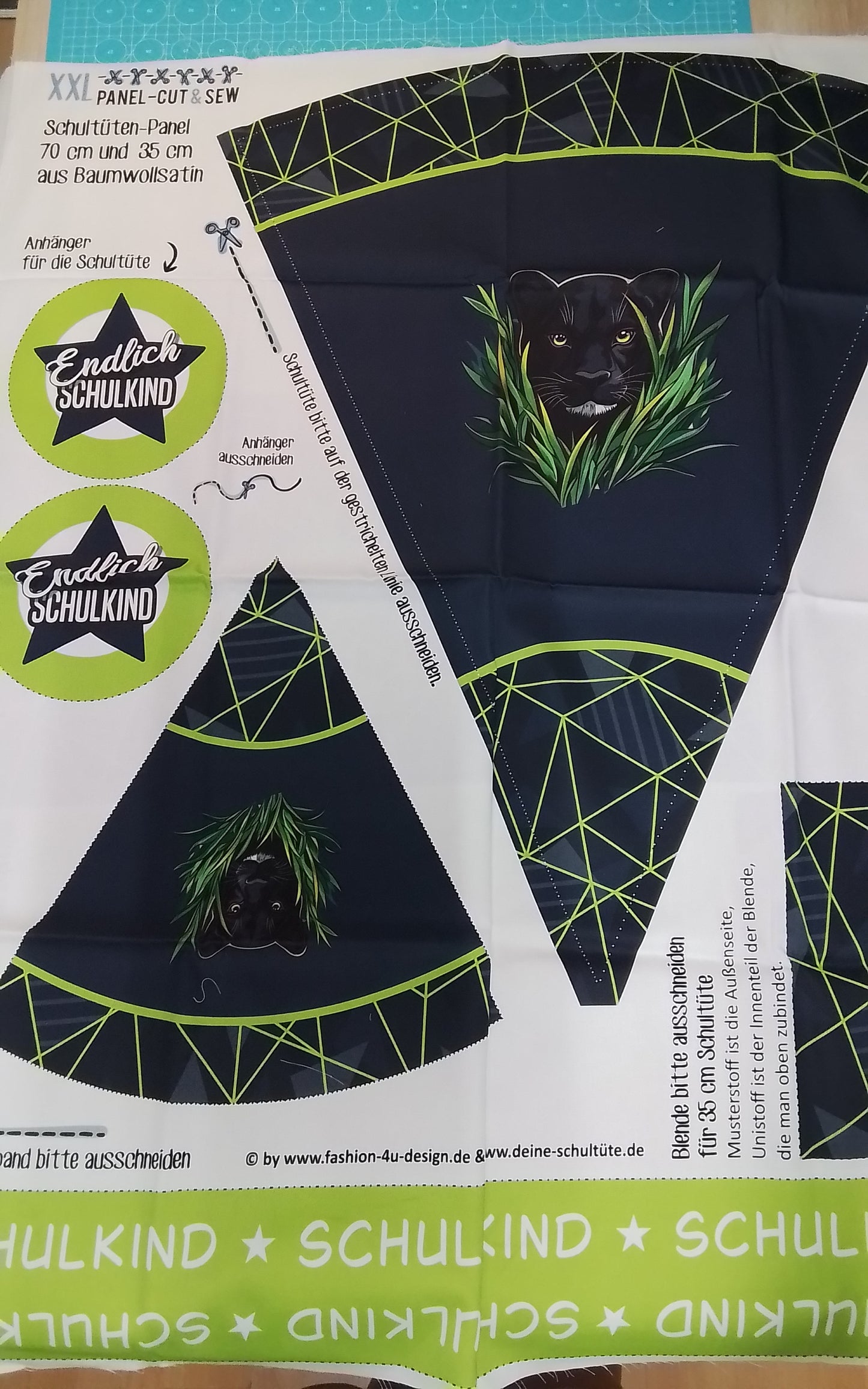 Sofortkauf: Schultüten Nähset - Muster + Geschwistertüte-" Panther im Gras auf Dark with Stripes -Baumwoll-Panel zum selber nähen- 70 cm und 35 cm.Wie abgebildet!!!
