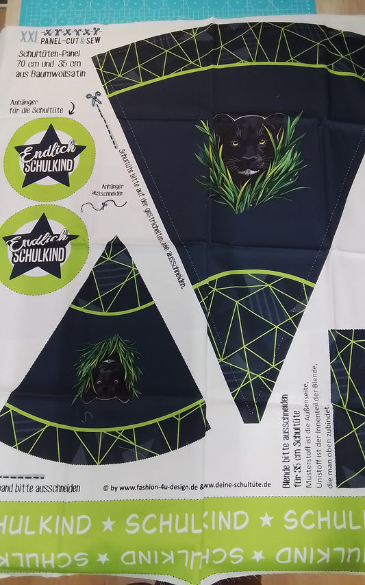 Sofortkauf: Schultüten Nähset - Muster + Geschwistertüte-" Panther im Gras auf Dark with Stripes -Baumwoll-Panel zum selber nähen- 70 cm und 35 cm.Wie abgebildet!!!