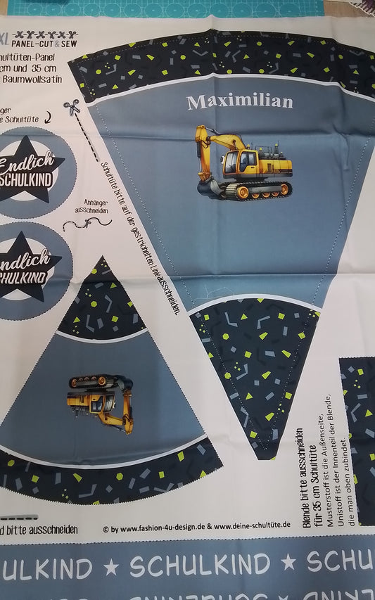 Sofortkauf: Schultüten Nähset -Blanko- Geschwistertüte-"Bagger auf Baustellenabenteuer- Maximilian-Baumwoll-Panel zum selber nähen- 70 cm und 35 cm.Wie abgebildet!!!