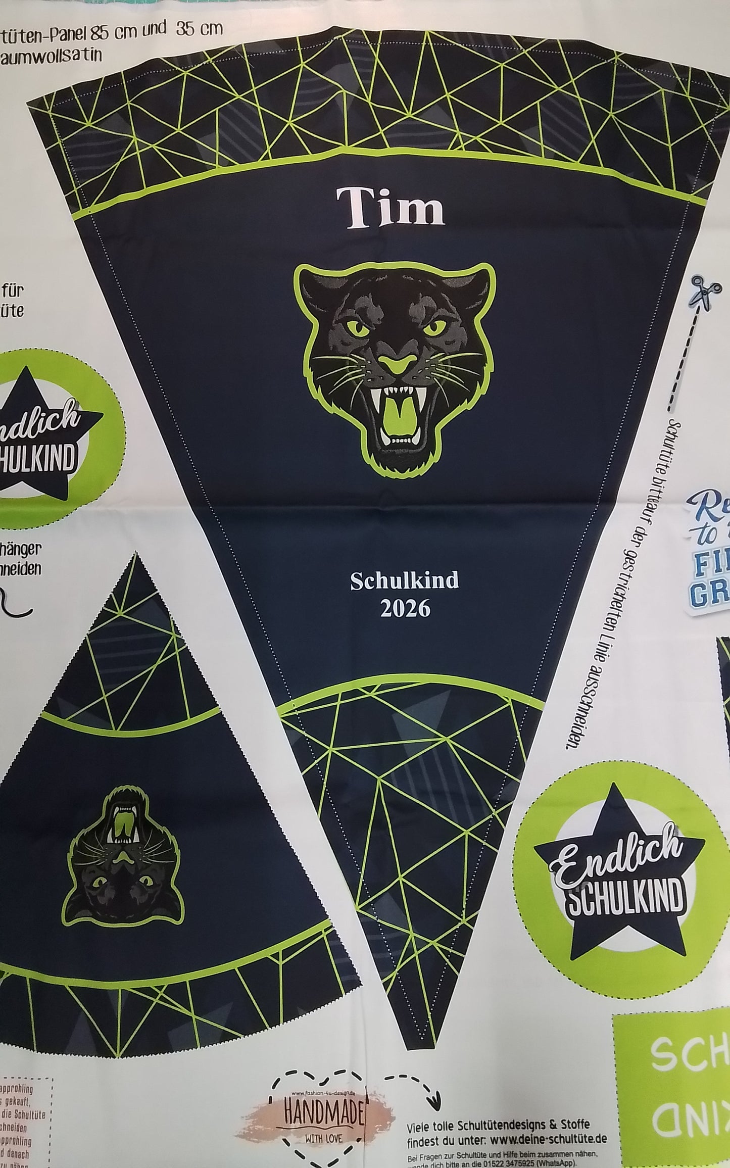 Sofortkauf: Schultüten Nähset inkl. Geschwistertüte - Baumwoll-Panel zum selber nähen- 85 cm + 35 cm - Wie abgebildet !!! (Name: Tim + Schulkind 2026 / Muster: Panther auf Dark with Stripes - Nr. 004 )