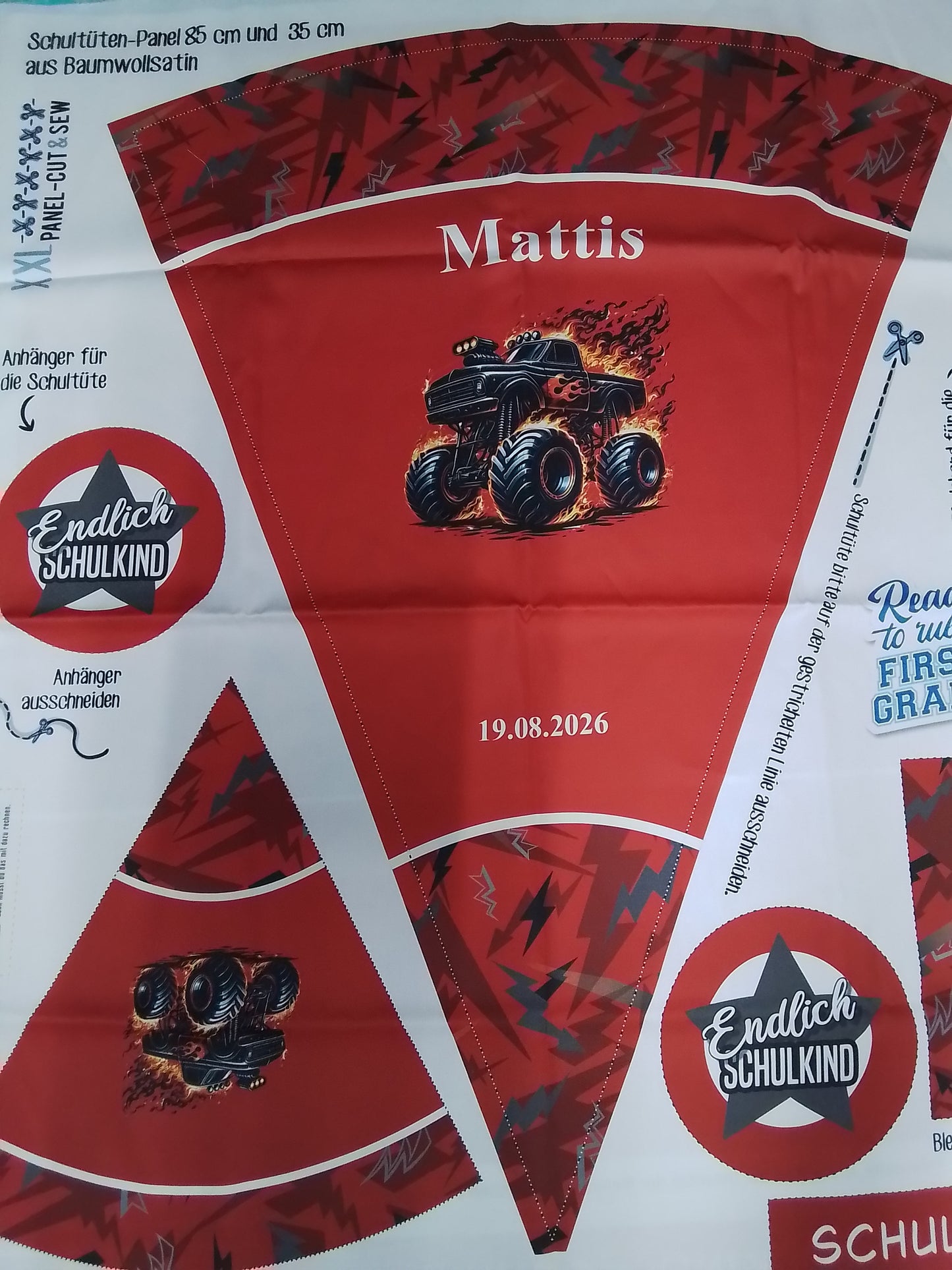 Sofortkauf: Schultüten Nähset - Muster + Geschwistertüte-Monster Blitze Rot-Baumwoll-Panel zum selber nähen- 70 cm und 35 cm.(Mattis-19.08.2026)Wie abgebildet!!!
