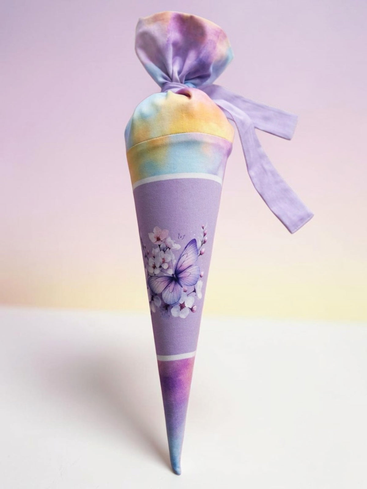 fashion4udesign Geschwistertüte 35 cm mit Schmetterling und Regenbogen Motiv aus Baumwolle für die Einschulung