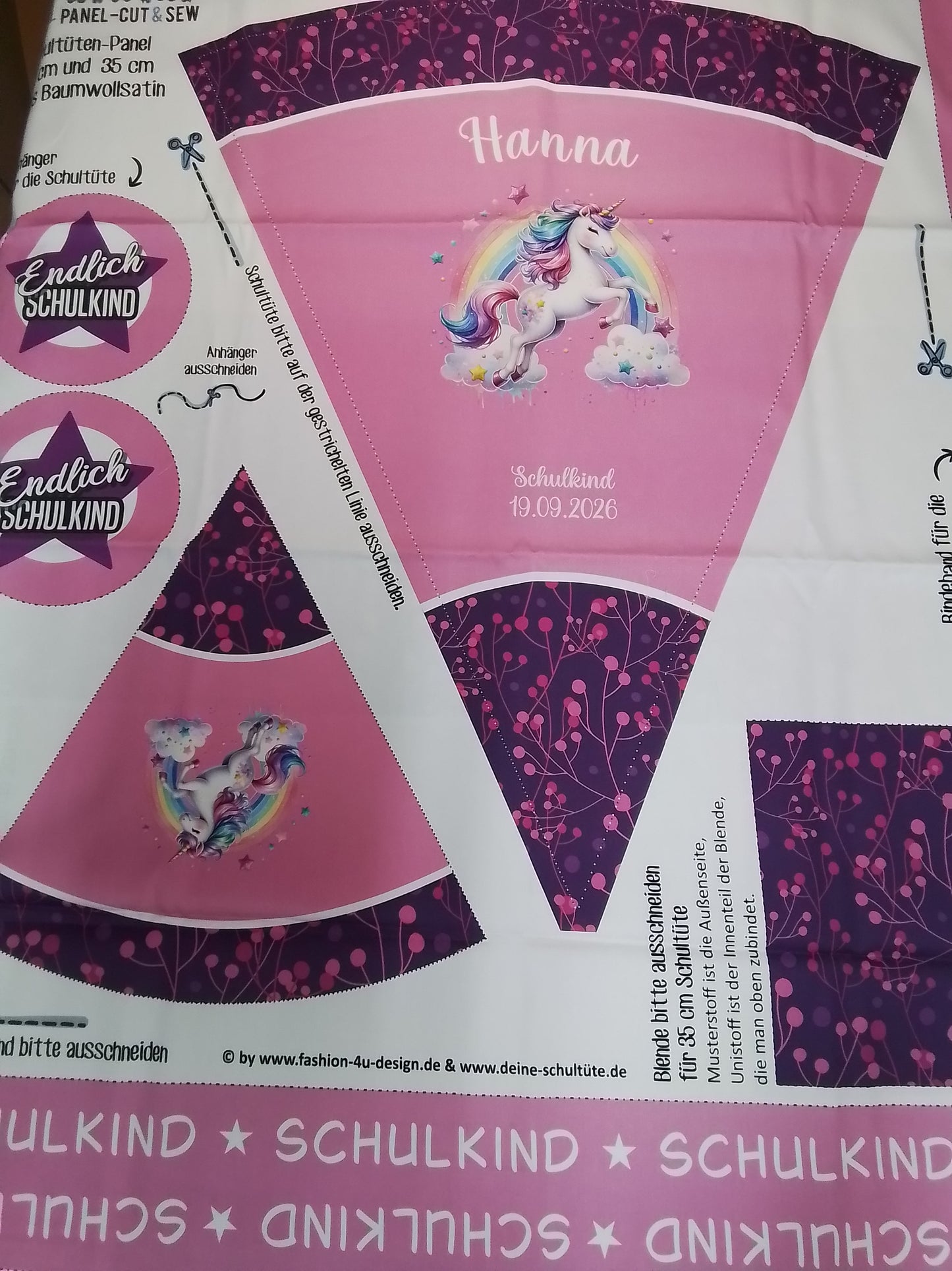 Sofortkauf: Schultüten Nähset inkl. Geschwistertüte - Baumwoll-Panel zum selber nähen- 70 cm + 35 cm - Wie abgebildet !!! (Name: Hanna + Schulkind 19.09.2026 / Muster:Einhorn auf Berries Pink - Nr. 007 )