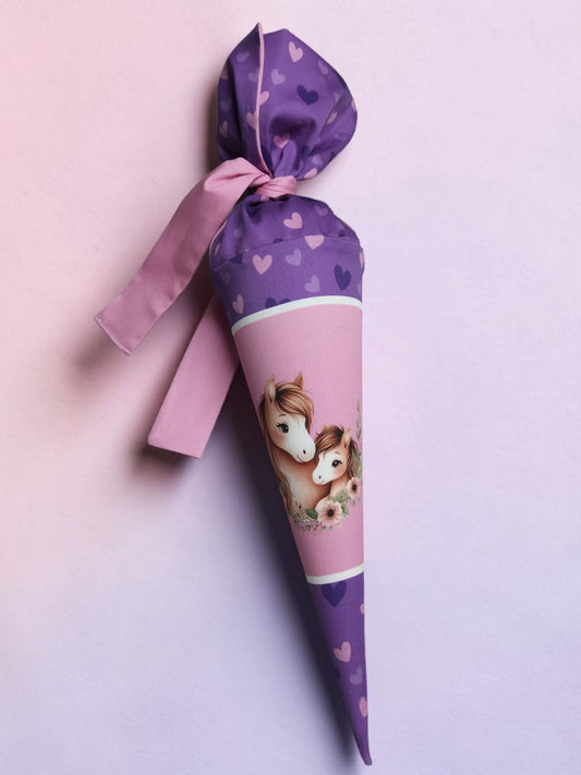 Sofortkauf 35cm: Kindergartentüte / Geschwistertüte inkl. Rohling 35 cm - "Pferd-Herzen" - wie abgebildet