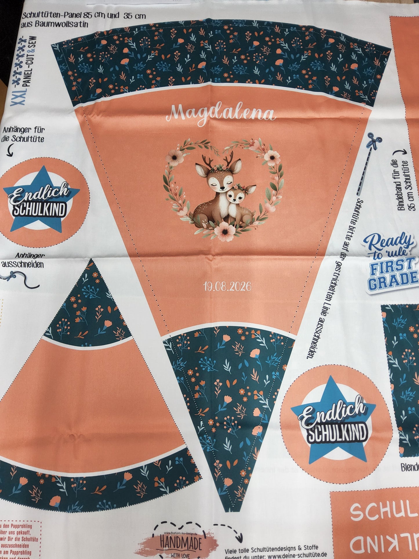 Sofortkauf: Schultüten Nähset - Muster + Geschwistertüte-Rehe im Wald-Baumwoll-Panel zum selber nähen- 85 cm und 35 cm. Wie abgebildet!!!