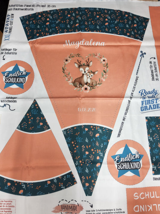 Sofortkauf: Schultüten Nähset - Muster + Geschwistertüte-Rehe im Wald-Baumwoll-Panel zum selber nähen- 85 cm und 35 cm. Wie abgebildet!!!