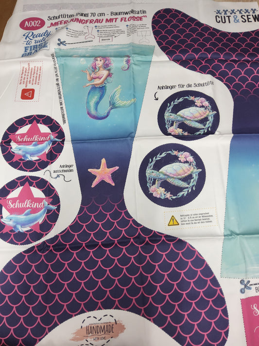 Sofortkauf: 2 Schultüte/Zuckertüte: Meerjungfrau mit Flosse - Baumwoll-Panel zum selber nähen - DIY Näh-Set 70 cm