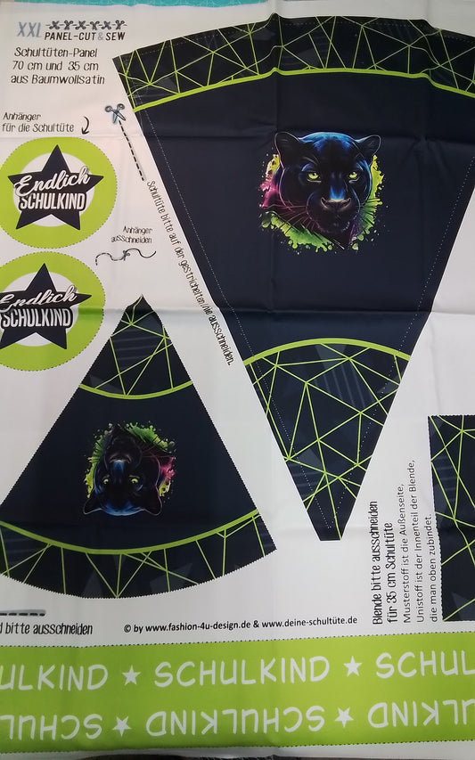 Sofortkauf: Schultüten Nähset - Geschwistertüte-" Panther in Farbflash auf Dark with Stripes -Baumwoll-Panel zum selber nähen- 70 cm und 35 cm.Wie abgebildet!!!