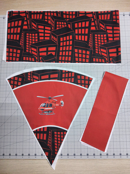 Sofortkauf DIY: 35 cm (Geschwistertüte) aus Baumwolle als Nähset - " Helikopter auf Skyline brennt "  - wie abgebildet - ( Nähset Geschwistertüte Nr. 127 )