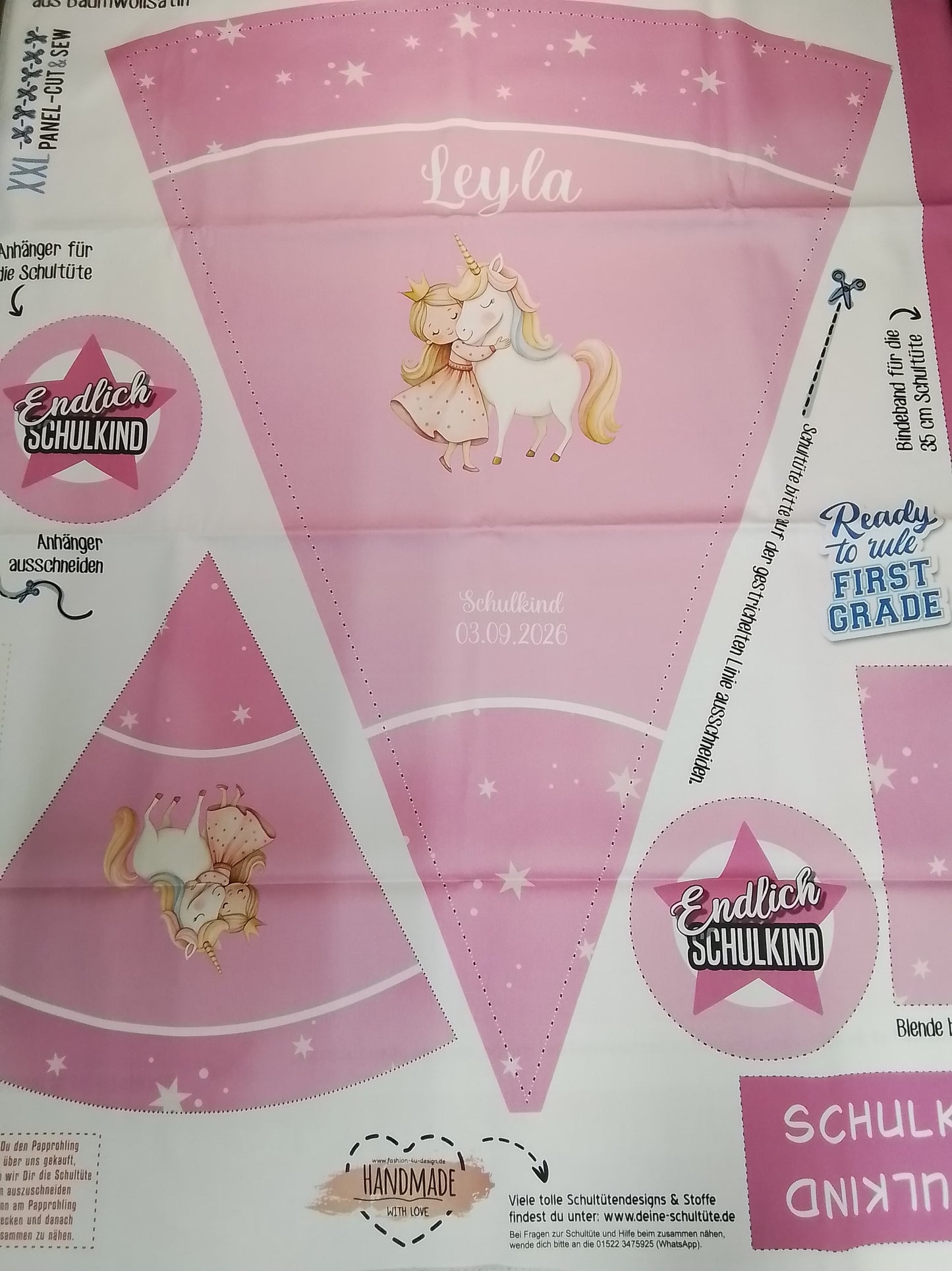 Sofortkauf: Schultüten Nähset inkl. Geschwistertüte - Baumwoll-Panel zum selber nähen- 85 cm + 35 cm - Wie abgebildet !!! (Name: Leyla+ Schulkind 03.09.2026 / Muster: Prinzessin u. Einhorn auf Sterne Rosa - Nr. 006 )