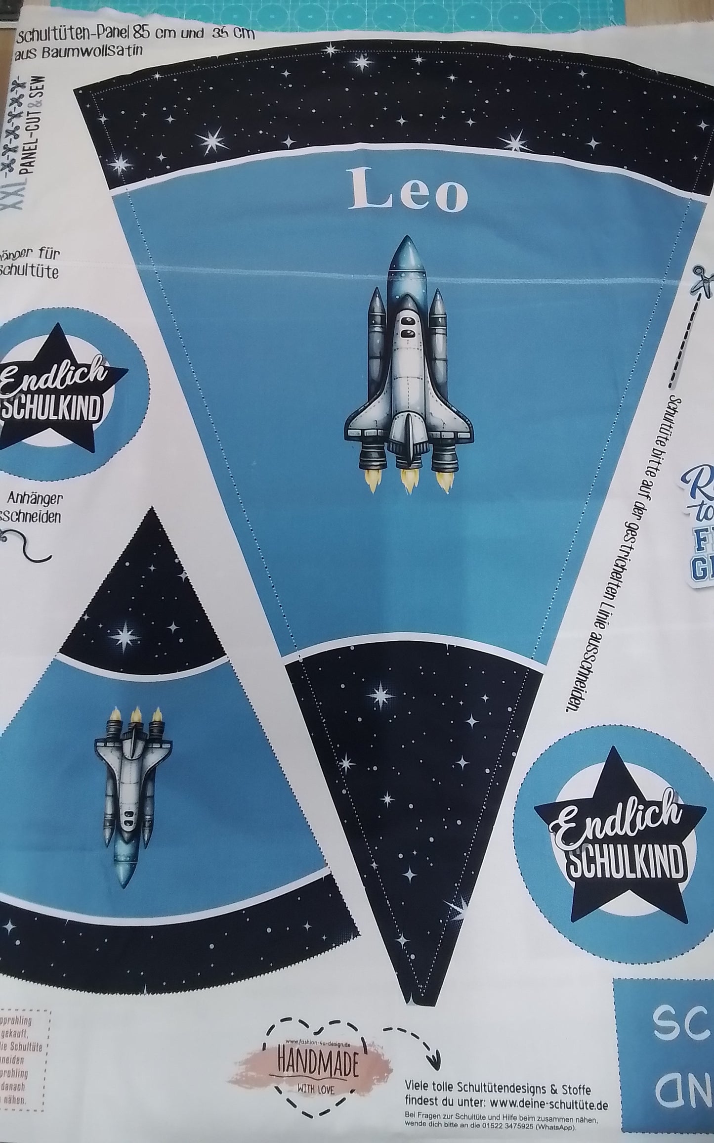Sofortkauf: Schultüten Nähset - Muster+Leo+Naht durchgehend- Geschwistertüte-"Rakete auf Weltall Nachtblau"-Baumwoll-Panel zum selber nähen- 85 cm und 35 cm.Wie abgebildet!!!
