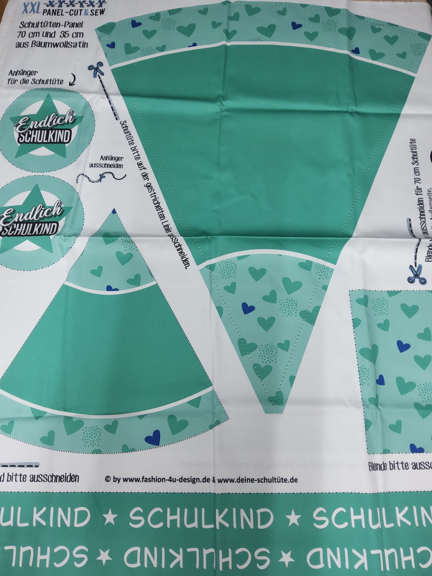 Sofortkauf: Schultüten Nähset - Muster + Geschwistertüte- Türkise Herzen- Baumwoll-Panel zum selber nähen - 70 cm und 35 cm