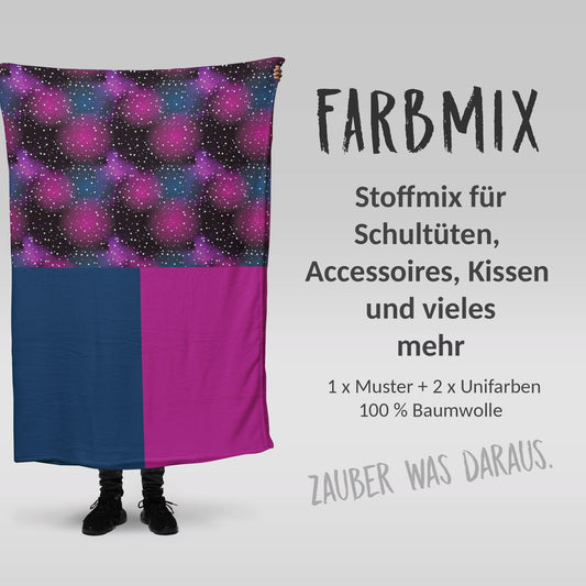 Stoffmix PANEL: Galaxy Pink (97 cm x 150 cm) - perfekt für Schultüten & Accessoires zur Einschulung | Universum, Weltall, Blau, Galaxie