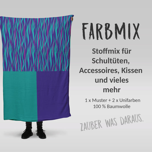 Stoffmix PANEL: Wellen Pink Türkis (97 cm x 150 cm) - perfekt für Schultüten & Accessoires zur Einschulung | Wellen, Dolphins, Lila