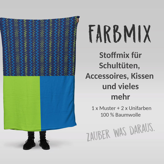 Stoffmix PANEL: ZICKZACK blau (97 cm x 150 cm) - perfekt für Schultüten & Accessoires zur Einschulung | Fussball, Tor, Sport, Soccer