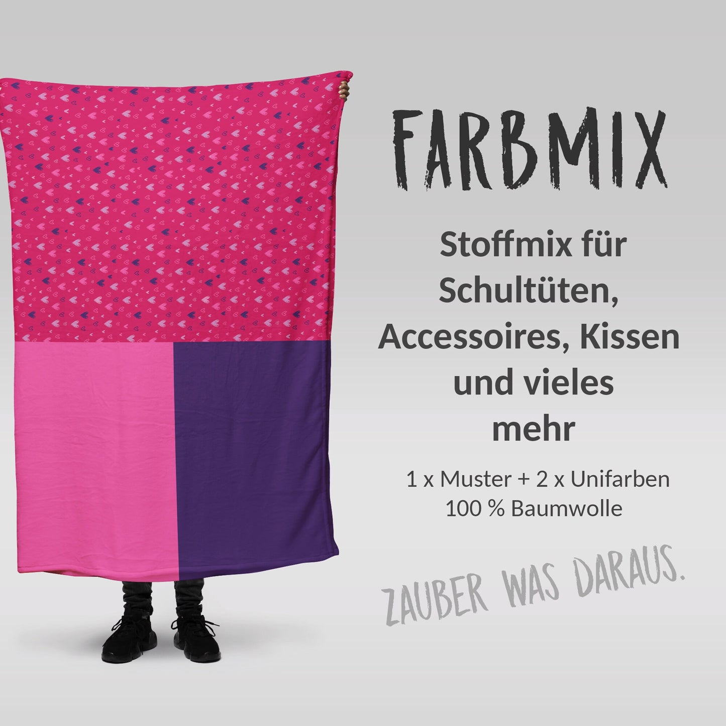 Stoffmix PANEL: Hearts PINK (97 cm x 150 cm) - perfekt für Schultüten & Accessoires zur Einschulung | Herzen, Hufeisen, Lila, Rosa