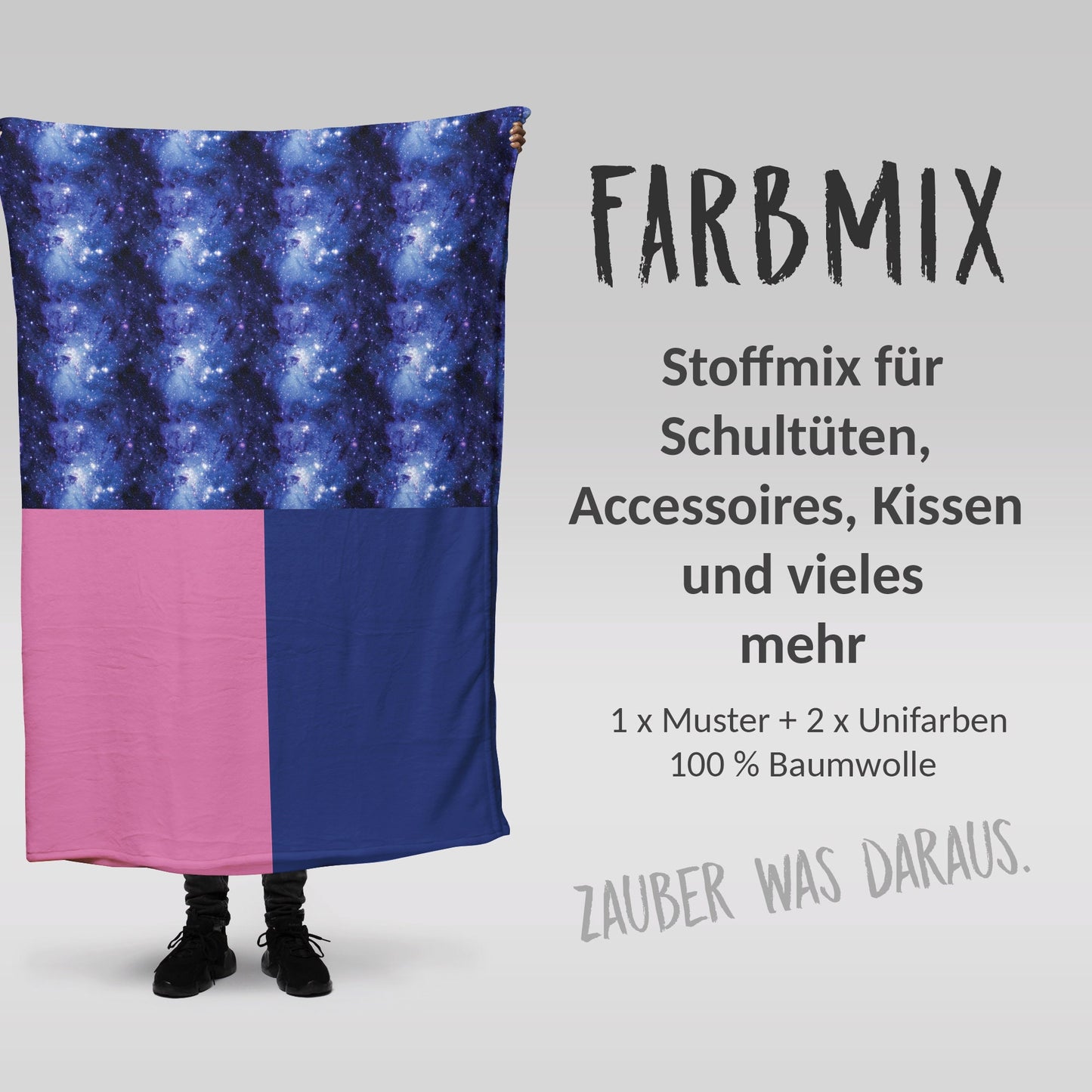 Stoffmix PANEL: Universum Blue-Pink AS (97 cm x 150 cm) - perfekt für Schultüten & Accessoires zur Einschulung | Weltall, Galaxy, Stars