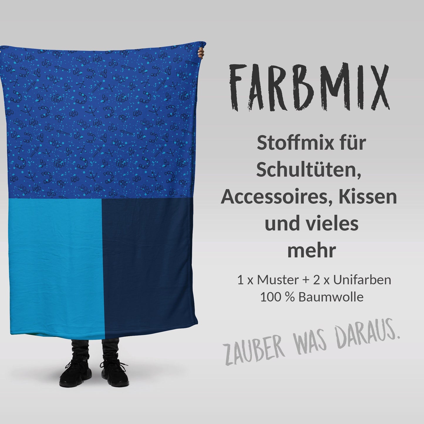 Stoffmix PANEL: Castle Blue (97 cm x 150 cm) - perfekt für Schultüten & Accessoires zur Einschulung | Mauer, Steine, Blau, Schwert, Bogen