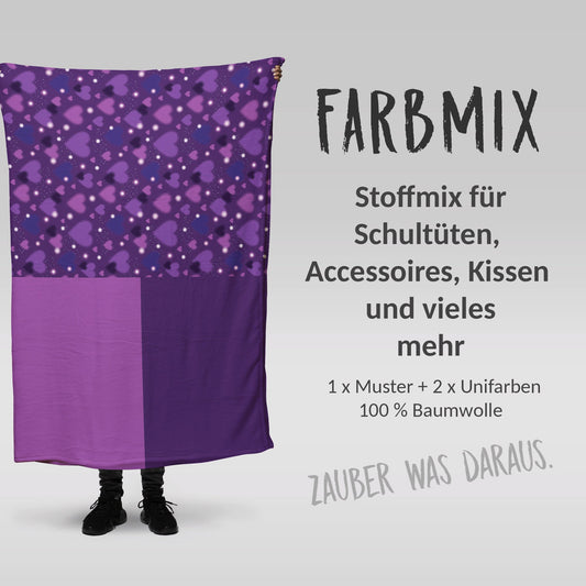 Stoffmix PANEL: Flying Hearts Violett (97 cm x 150 cm) - perfekt für Schultüten & Accessoires zur Einschulung | Herzen, Wolken, Lila,Himmel