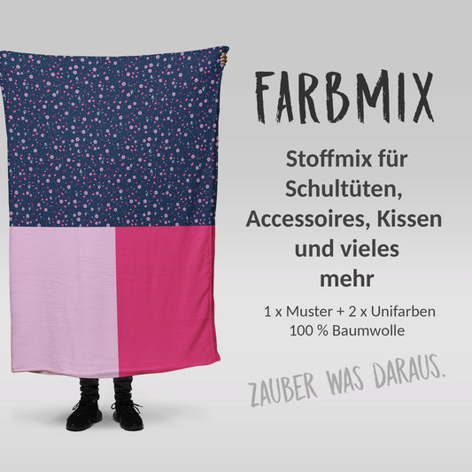 Stoffmix PANEL: Kleine Blümchen auf Blau (97 cm x 150 cm) - perfekt für Schultüten & Accessoires zur Einschulung | Blumen, Blätter, Rosa