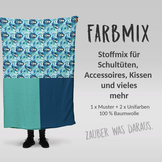 Stoffmix PANEL: Kleine Meerjungfrau Türkis (97 cm x 150 cm) - perfekt für Schultüten & Accessoires zur Einschulung | Ozean, Fische, Meer