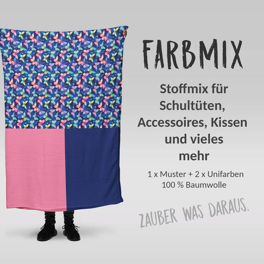 Stoffmix PANEL: Bunte Schmetterlinge (97 cm x 150 cm) - perfekt für Schultüten & Accessoires zur Einschulung | Rosa, Pink, Blau, Grün