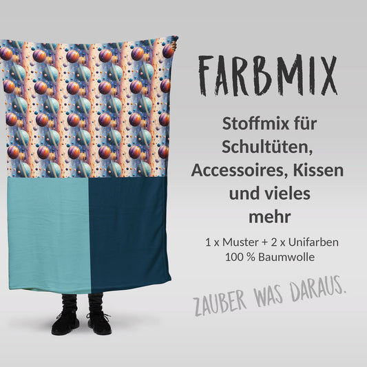 Stoffmix PANEL: Glänzende Planeten (97 cm x 150 cm) - perfekt für Schultüten & Accessoires zur Einschulung | Weltall, Kometen, Universum