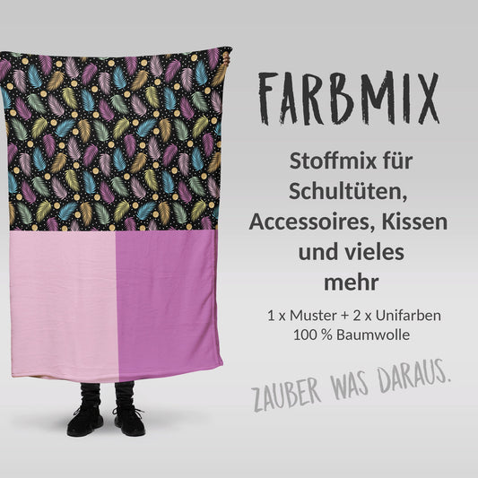 Stoffmix PANEL: Bunte Federn (97 cm x 150 cm) - perfekt für Schultüten & Accessoires zur Einschulung | Federn, Bunt, Punkte, Pink, Blau