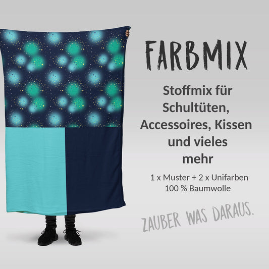 Stoffmix PANEL: Universum Türkis (97 cm x 150 cm) - perfekt für Schultüten & Accessoires zur Einschulung | Galaxie, Universe, Weltall