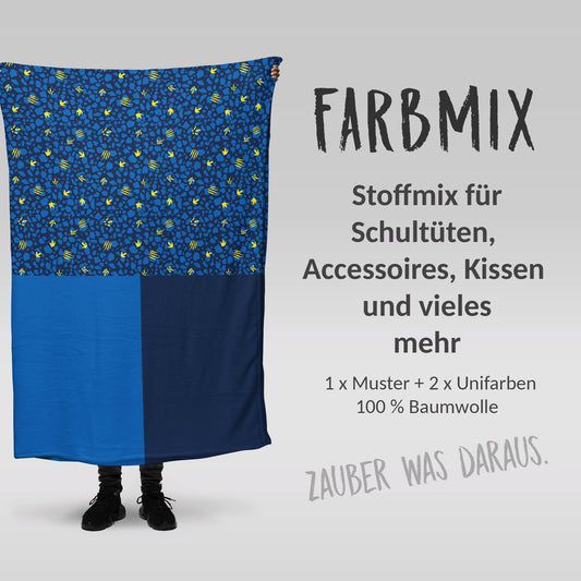 Stoffmix PANEL: Dino Spuren (97 cm x 150 cm) - perfekt für Schultüten & Accessoires zur Einschulung | T-Rex, Dinosaurier, Blau, Gelb