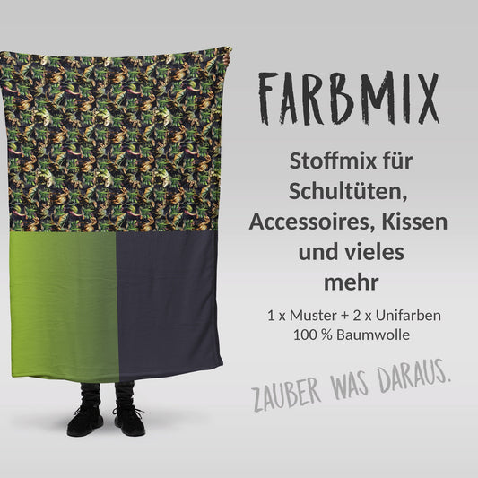 Stoffmix PANEL: Dinosaurier Collage (97 cm x 150 cm) - perfekt für Schultüten & Accessoires zur Einschulung | T-Rex, Dinos, Flugsaurier