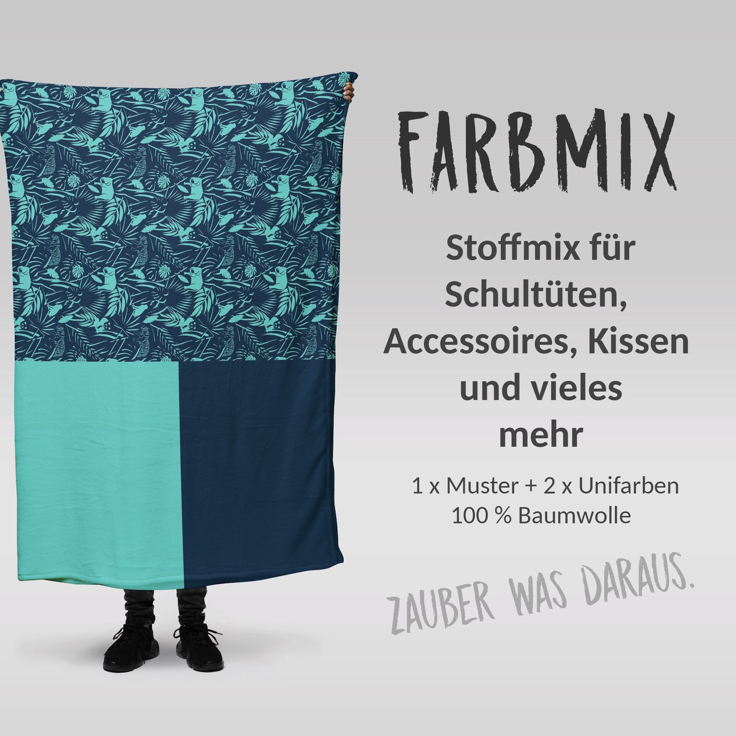 Stoffmix PANEL: Jungle türkis (97 cm x 150 cm) - perfekt für Schultüten & Accessoires zur Einschulung | Tiere, Urwald, Dschungel